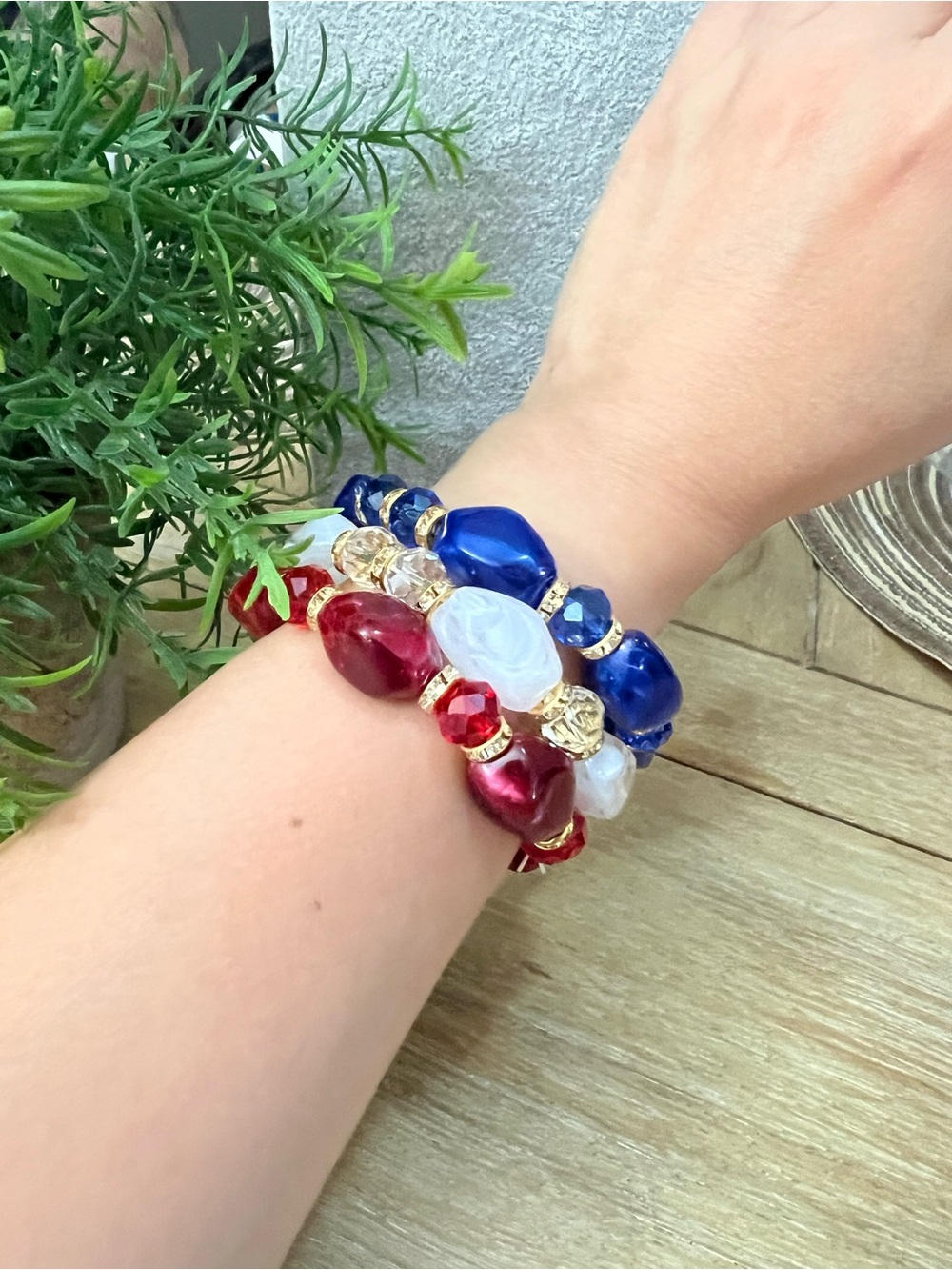 Handcrafted Red, White & Blue Beaded Stretch Bracelet Set